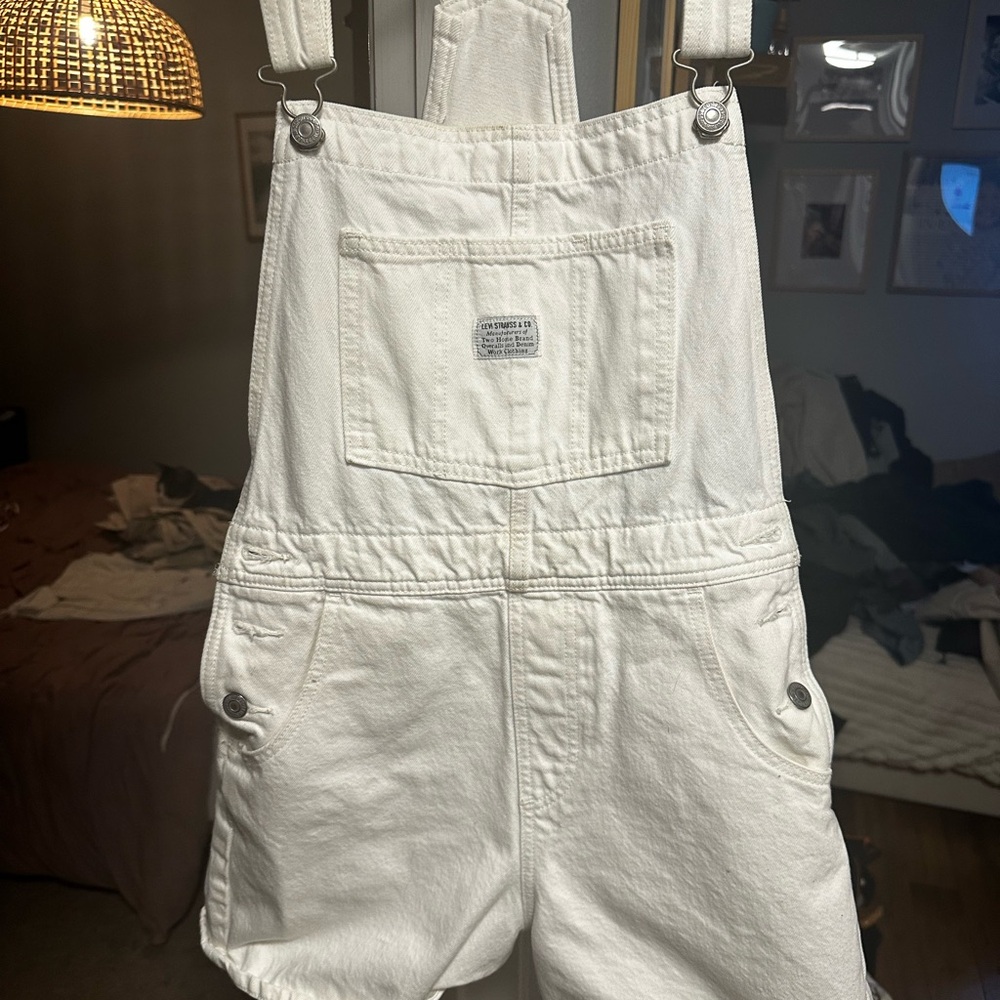 White Levi Strauss Denim Short Overalls